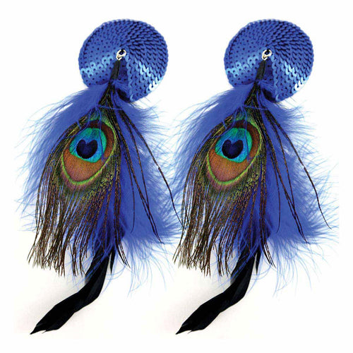 BIJOUX DE NIP ROUND BLUE SEQUIN PASTIES W/ FEATHERS